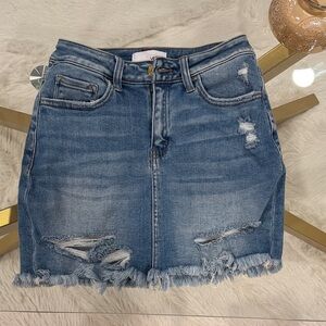 High-Rise Distressed Blue Denim Mini Skirt